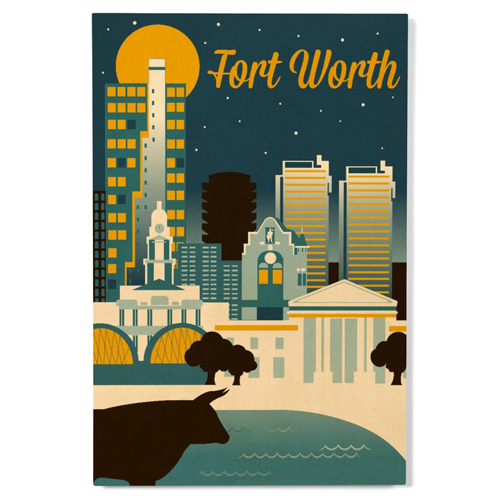 Fort Worth, Texas, Retro Skyline Series, Lantern Press Artwork, Wood Signs and Postcards Wood Lantern Press 