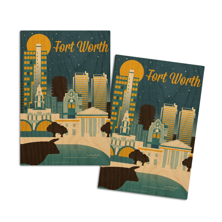 Fort Worth, Texas, Retro Skyline Series, Lantern Press Artwork, Wood Signs and Postcards Wood Lantern Press 4x6 Wood Postcard Set 