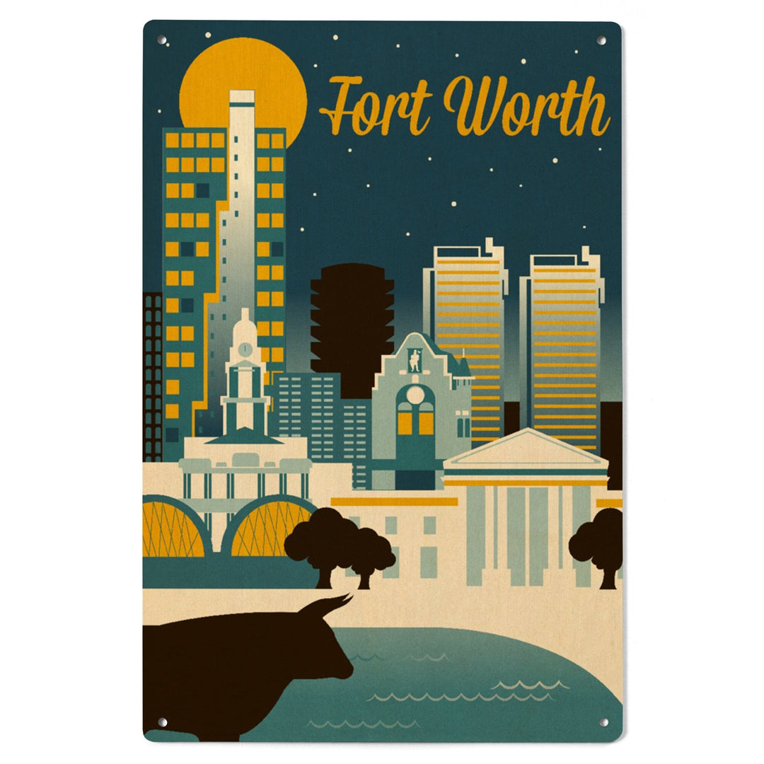 Fort Worth, Texas, Retro Skyline Series, Lantern Press Artwork, Wood Signs and Postcards - Lantern Press