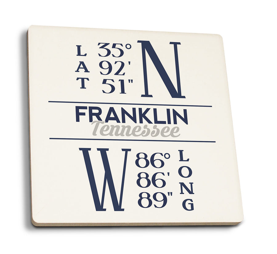 Franklin, Tennessee, Latitude Longitude (Blue), Lantern Press Artwork, Coaster Set Coasters Lantern Press 
