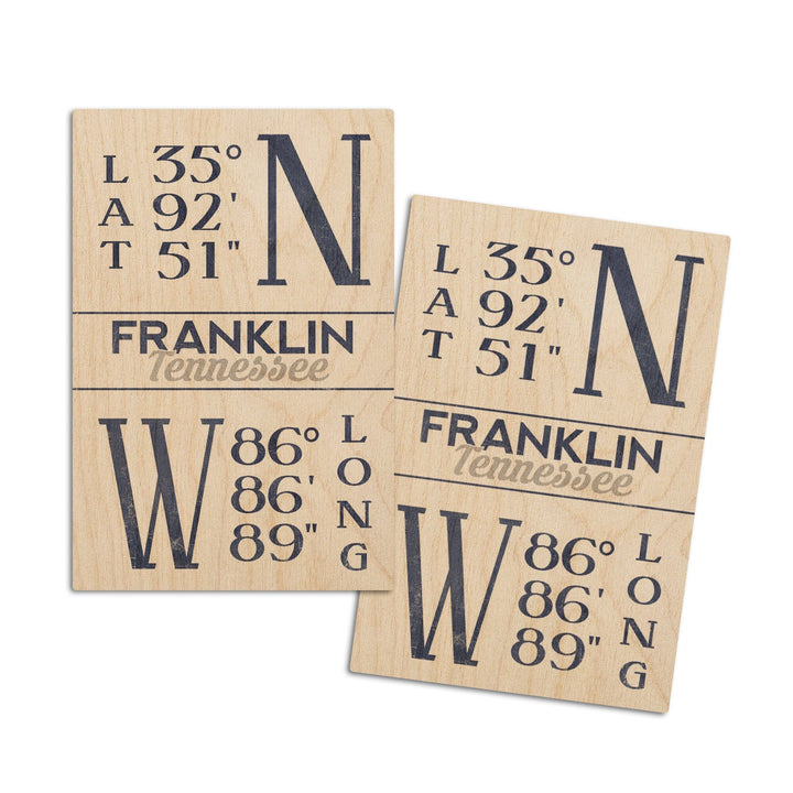 Franklin, Tennessee, Latitude Longitude (Blue), Lantern Press Artwork, Wood Signs and Postcards Wood Lantern Press 4x6 Wood Postcard Set 