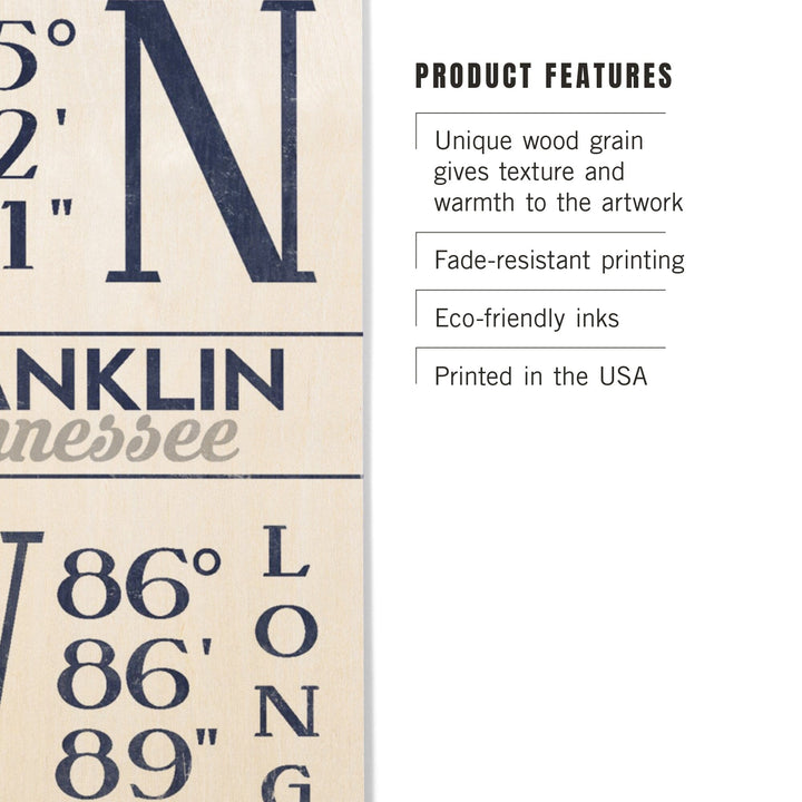 Franklin, Tennessee, Latitude Longitude (Blue), Lantern Press Artwork, Wood Signs and Postcards Wood Lantern Press 