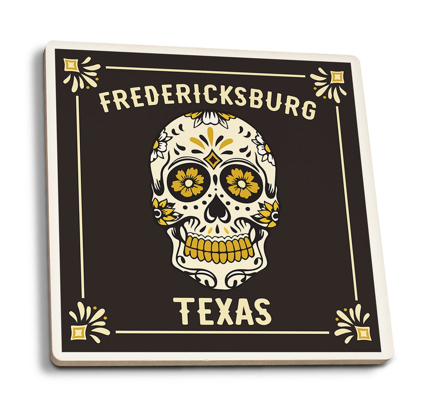 Fredericksburg, Texas, Day of the Dead, Sugar Skull & Flower Pattern (Black & Gold), Lantern Press, Coaster Set Coasters Lantern Press 