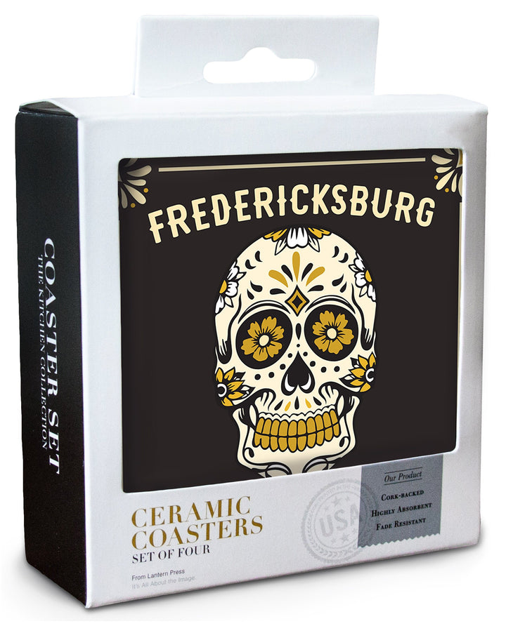 Fredericksburg, Texas, Day of the Dead, Sugar Skull & Flower Pattern (Black & Gold), Lantern Press, Coaster Set Coasters Lantern Press 