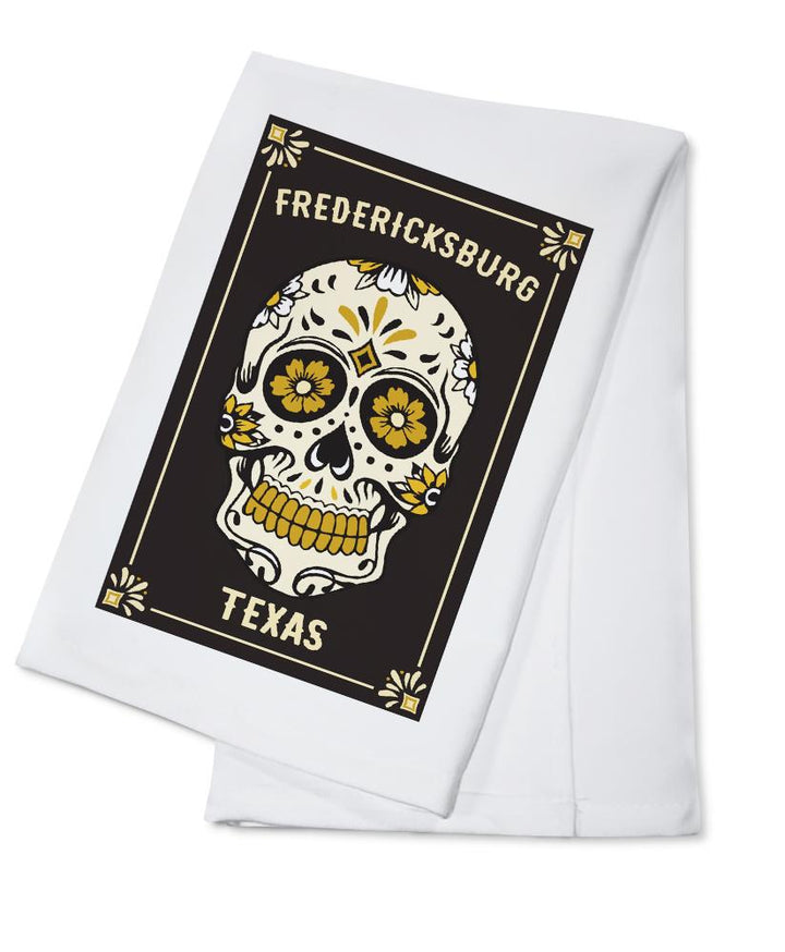 Fredericksburg, Texas, Day of the Dead, Sugar Skull & Flower Pattern (Black & Gold), Lantern Press, Towels and Aprons Kitchen Lantern Press Cotton Towel 