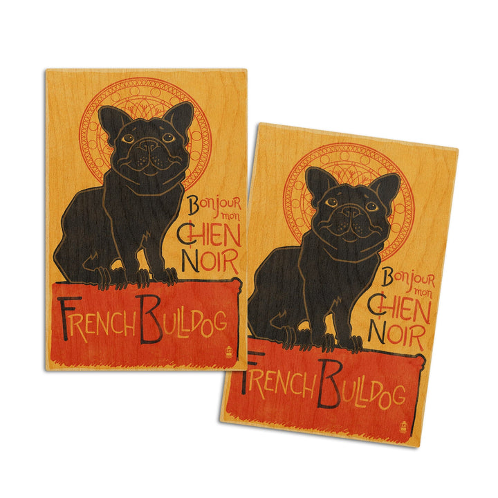 French Bulldog, Retro Chien Noir Ad, Lantern Press Artwork, Wood Signs and Postcards Wood Lantern Press 4x6 Wood Postcard Set 