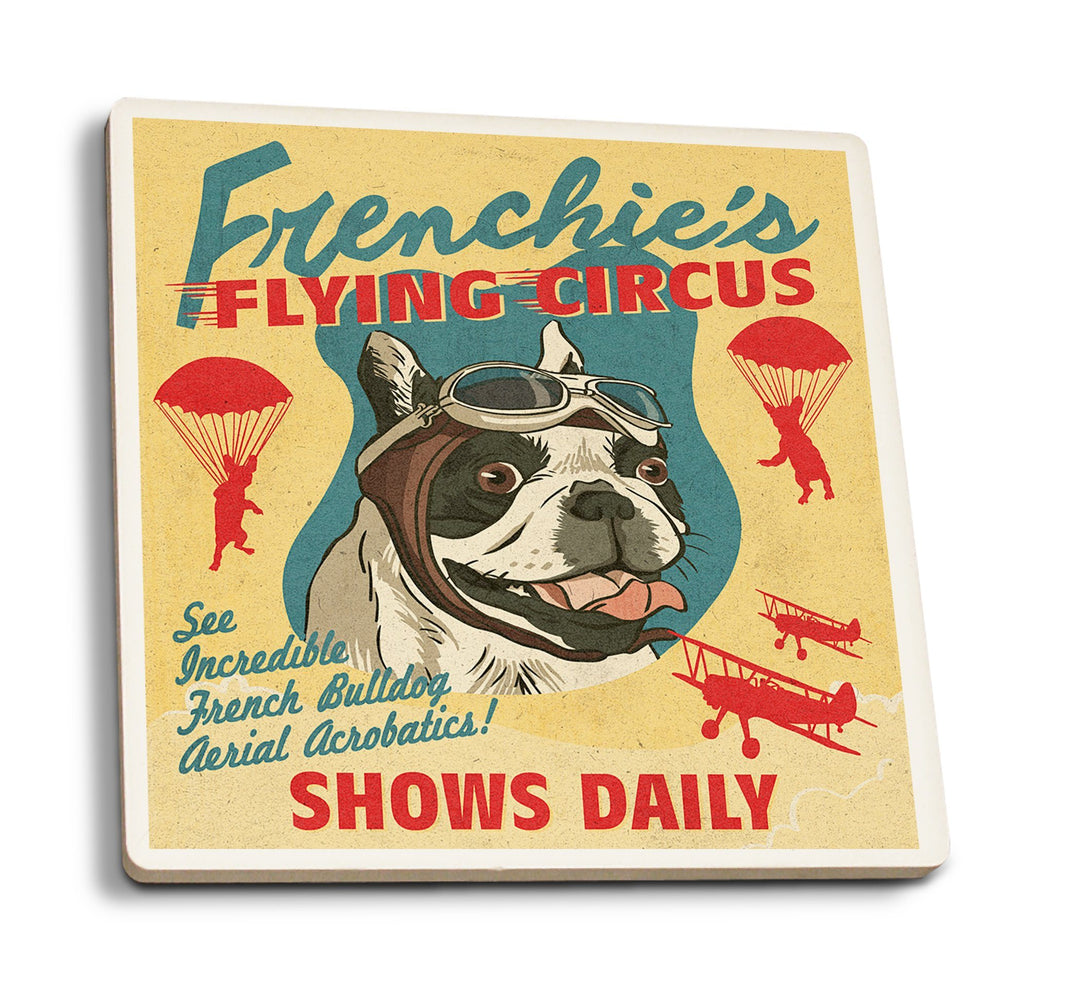 French Bulldog, Retro Flying Circus Ad, Lantern Press Artwork, Coaster Set Coasters Lantern Press 
