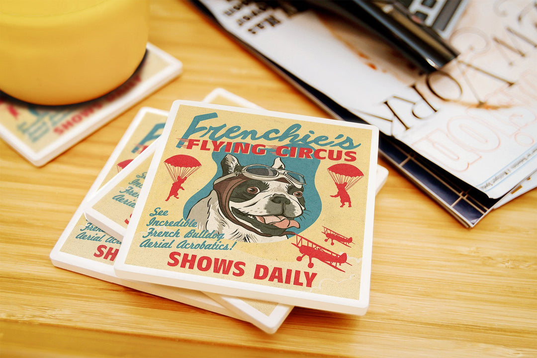 French Bulldog, Retro Flying Circus Ad, Lantern Press Artwork, Coaster Set Coasters Lantern Press 
