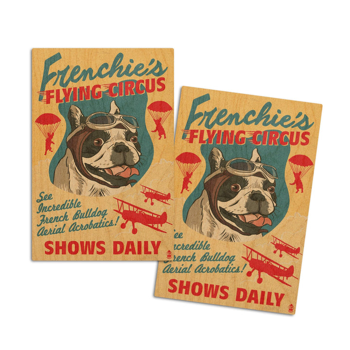French Bulldog, Retro Flying Circus Ad, Lantern Press Artwork, Wood Signs and Postcards Wood Lantern Press 4x6 Wood Postcard Set 