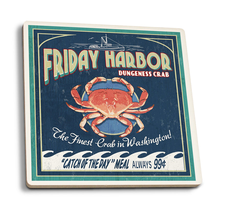 Friday Harbor, San Juan Island, Washington, Dungeness Crab Vintage Sign, Lantern Press Artwork, Coaster Set Coasters Lantern Press 