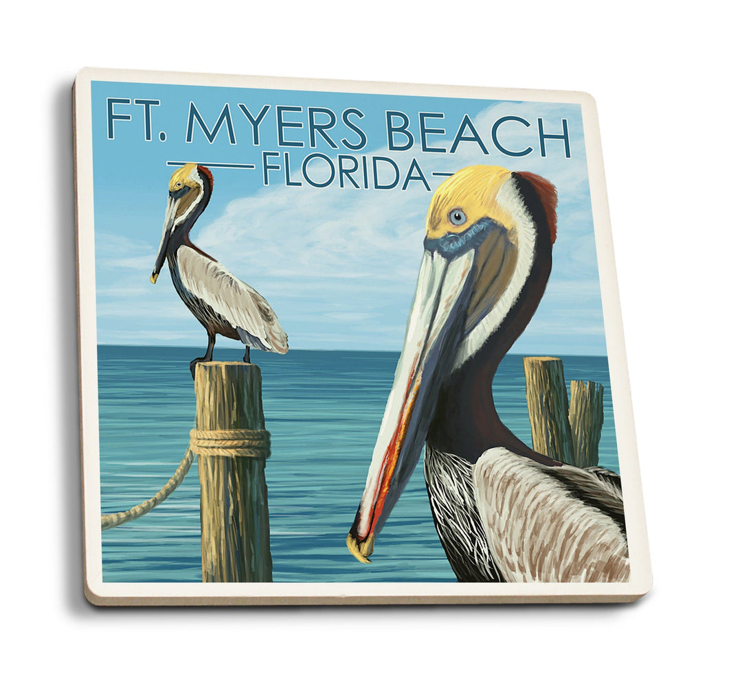 Ft. Myers Beach, Florida, Pelicans, Lantern Press Artwork, Coaster Set Coasters Lantern Press 