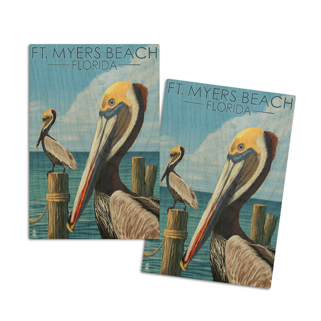 Ft. Myers Beach, Florida, Pelicans, Lantern Press Artwork, Wood Signs and Postcards Wood Lantern Press 4x6 Wood Postcard Set 