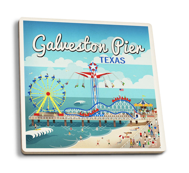 Galveston, Texas, Retro Pier, Lantern Press Artwork, Coaster Set Coasters Lantern Press 