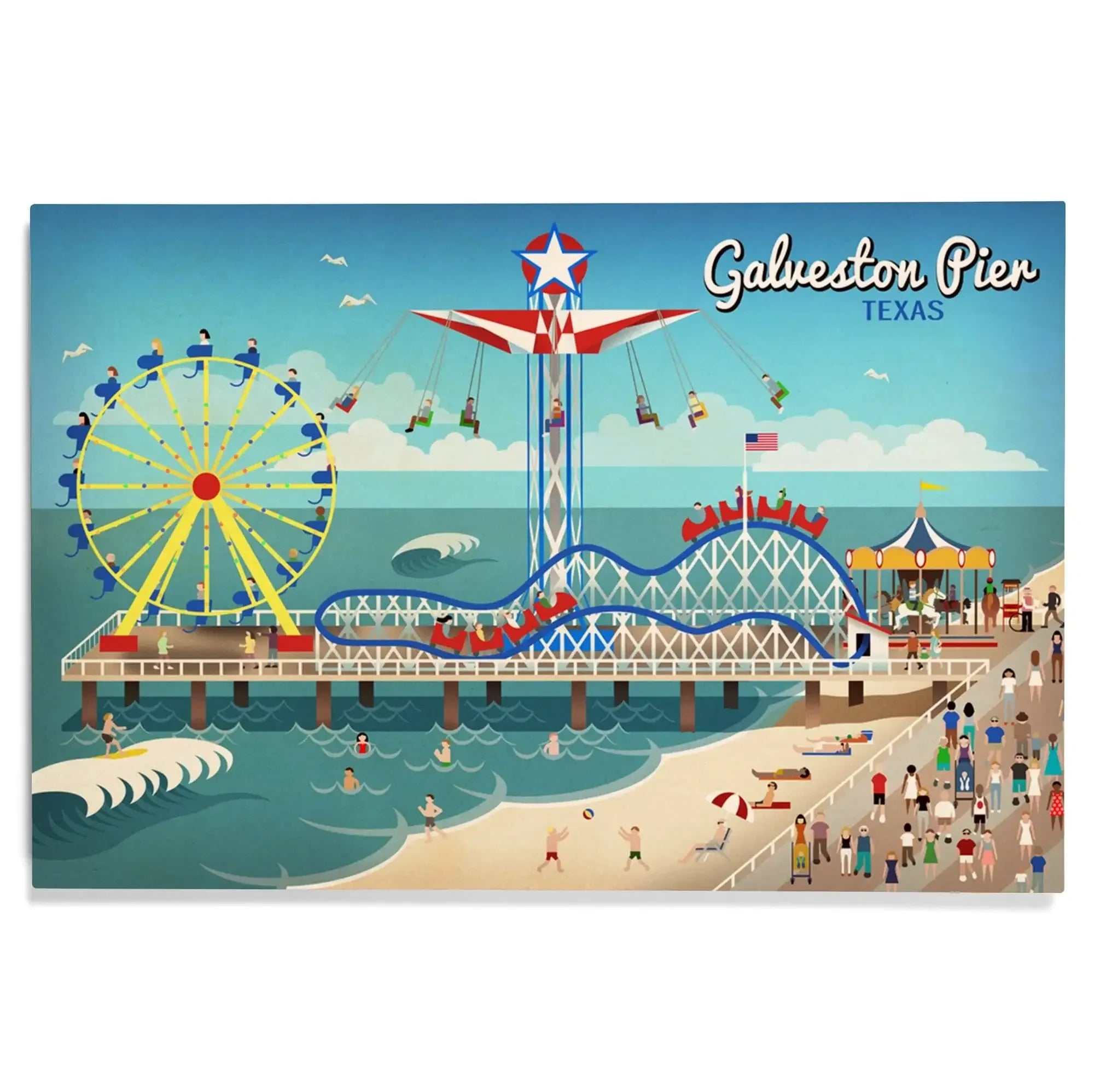 Galveston, Texas, Retro Pier, Lantern Press Artwork, Wood Signs and Po