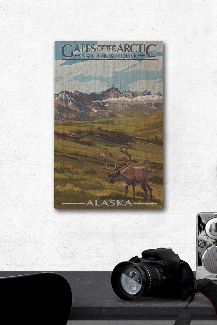 Gates of the Arctic National Park, Alaska, Caribou & Mountains, Lantern Press Artwork, Wood Signs and Postcards Wood Lantern Press 12 x 18 Wood Gallery Print 
