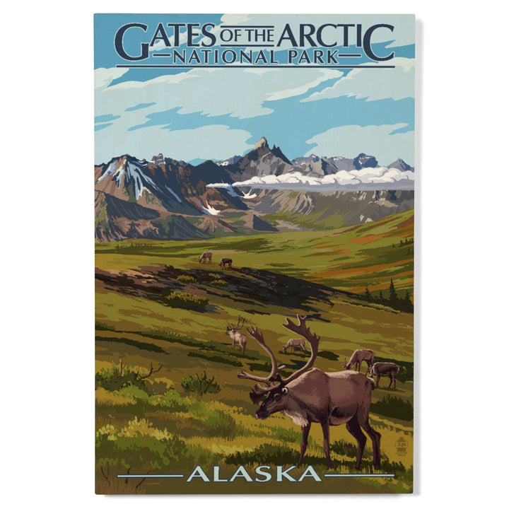Gates of the Arctic National Park, Alaska, Caribou & Mountains, Lantern Press Artwork, Wood Signs and Postcards Wood Lantern Press 