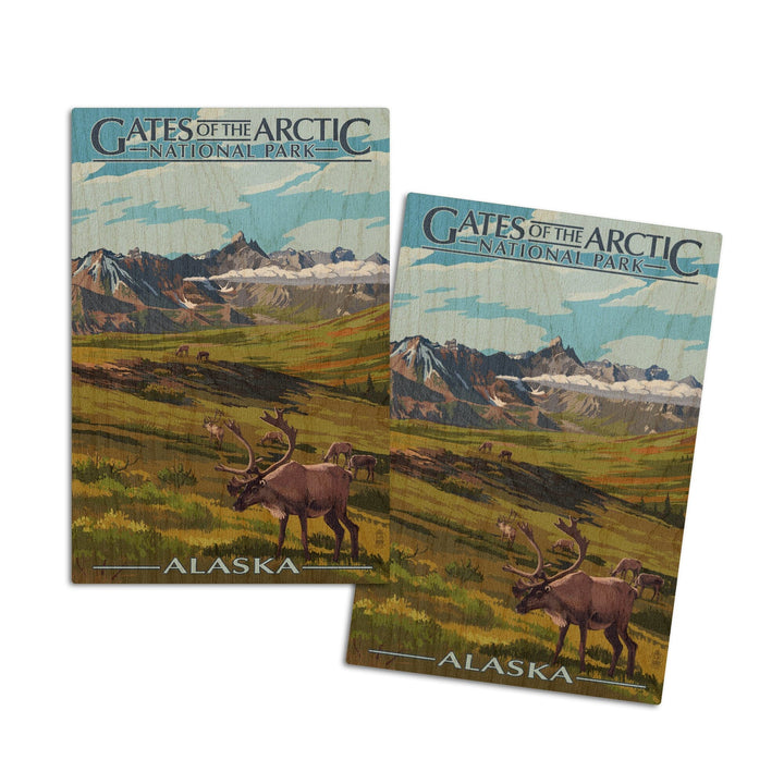 Gates of the Arctic National Park, Alaska, Caribou & Mountains, Lantern Press Artwork, Wood Signs and Postcards Wood Lantern Press 4x6 Wood Postcard Set 