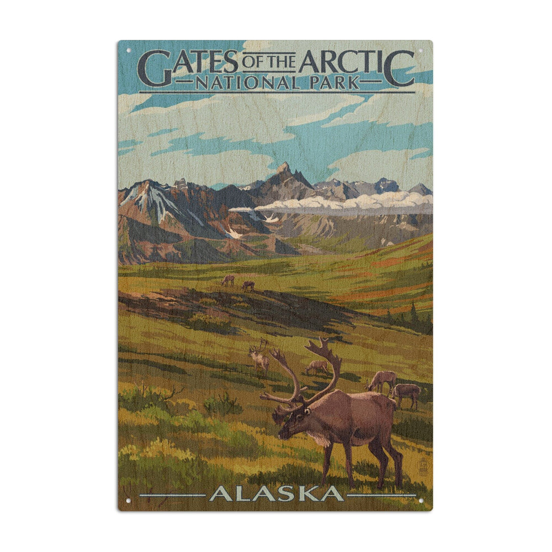 Gates of the Arctic National Park, Alaska, Caribou & Mountains, Lantern Press Artwork, Wood Signs and Postcards Wood Lantern Press 6x9 Wood Sign 