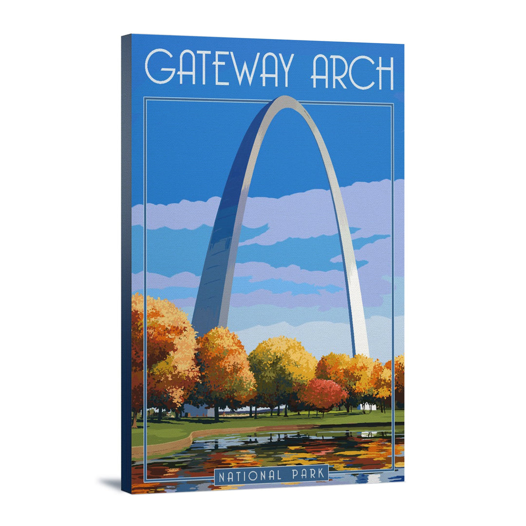 Gateway Arch National Park, Arch and Trees in Fall, Lantern Press Artwork, Stretched Canvas Canvas Lantern Press 24x36 Stretched Canvas 