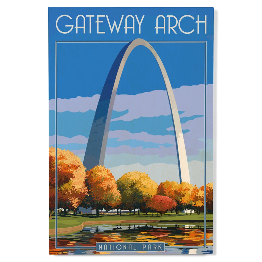 Gateway Arch National Park, Arch and Trees in Fall, Lantern Press Artwork, Wood Signs and Postcards Wood Lantern Press 