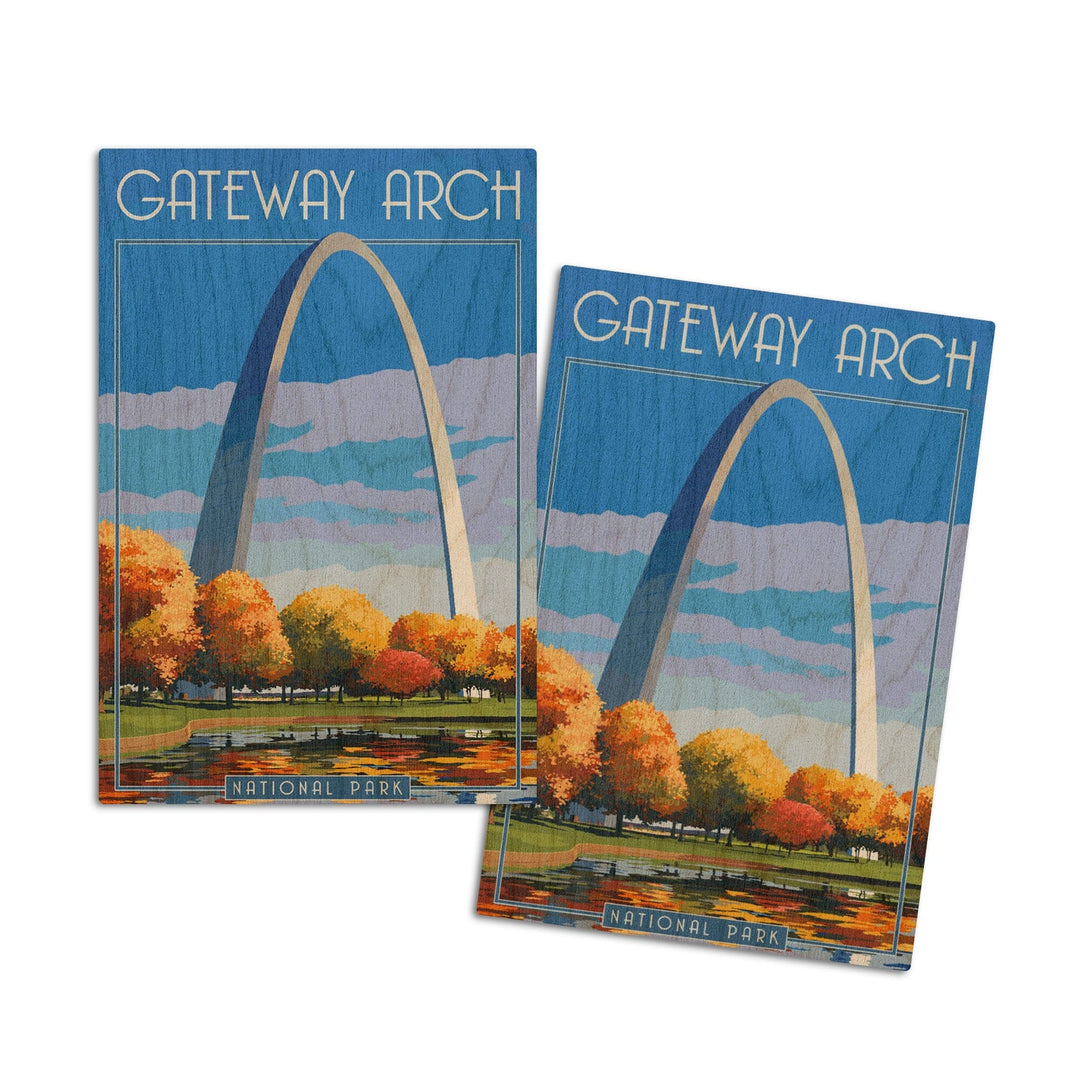 Gateway Arch National Park, Arch and Trees in Fall, Lantern Press Artwork, Wood Signs and Postcards Wood Lantern Press 4x6 Wood Postcard Set 