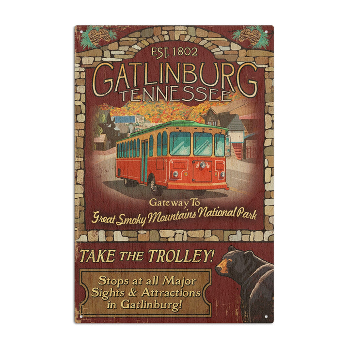 Gatlinburg, Tennessee, Trolley Vintage Sign, Lantern Press Artwork, Wood Signs and Postcards Wood Lantern Press 10 x 15 Wood Sign 
