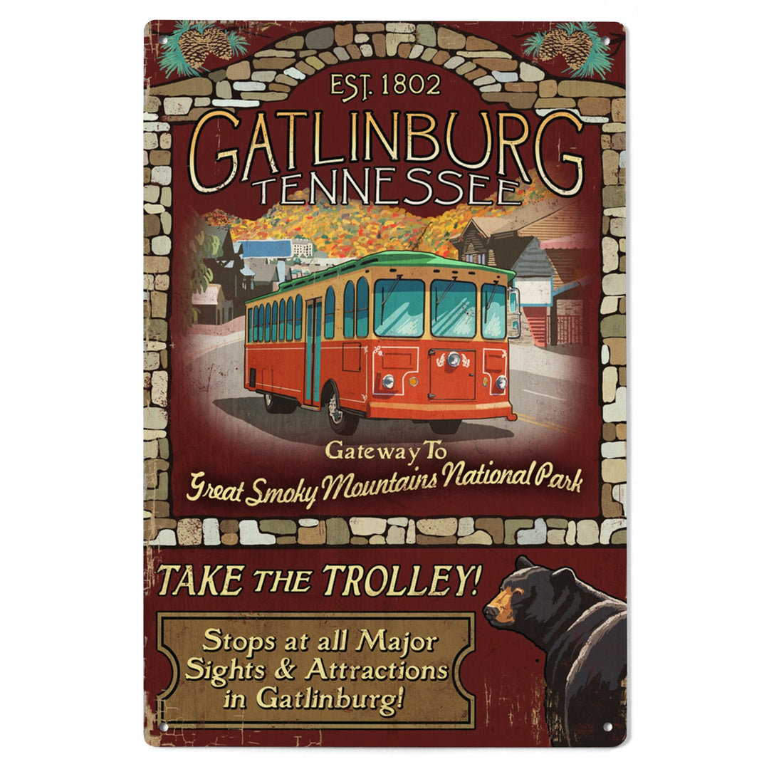 Gatlinburg, Tennessee, Trolley Vintage Sign, Lantern Press Artwork, Wood Signs and Postcards Wood Lantern Press 