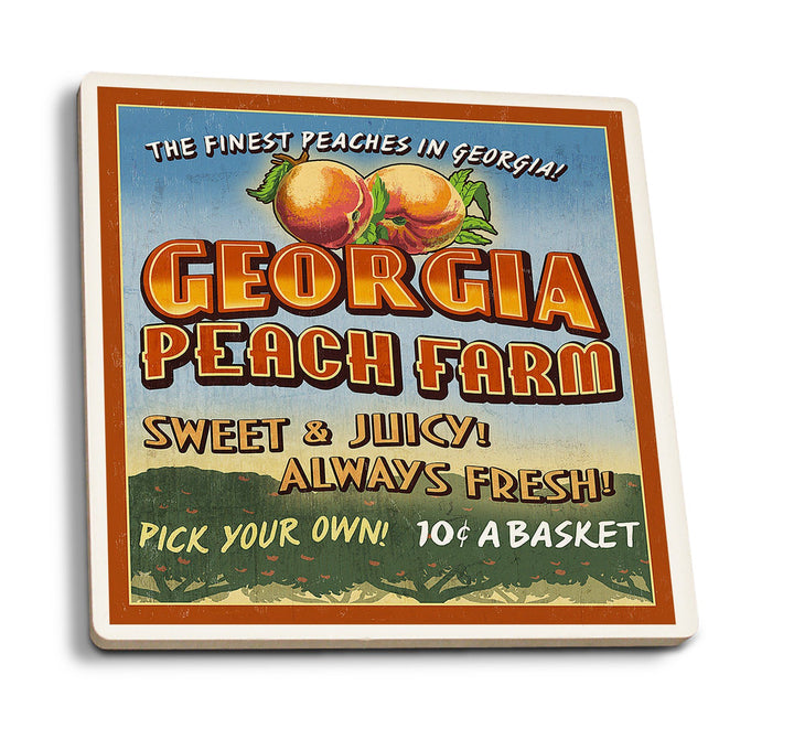 Georgia, Peach Farm Vintage Sign, Lantern Press Artwork, Coaster Set Coasters Lantern Press 