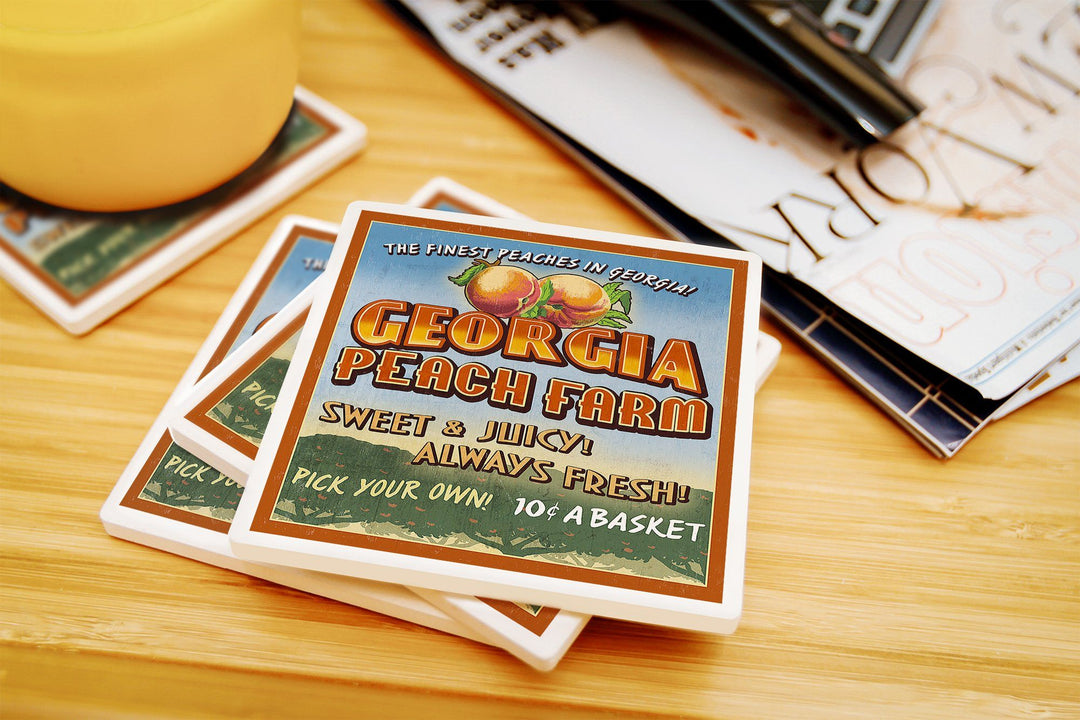 Georgia, Peach Farm Vintage Sign, Lantern Press Artwork, Coaster Set Coasters Lantern Press 