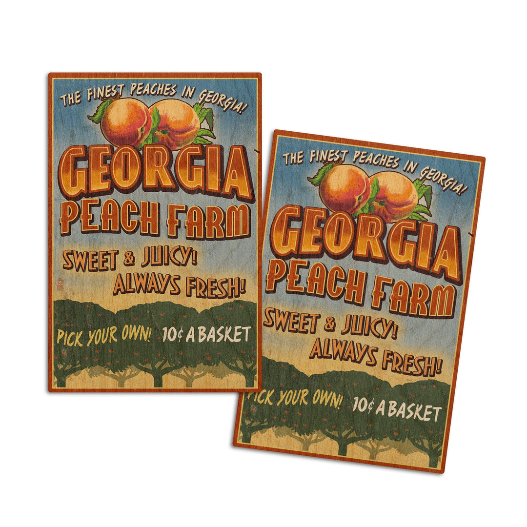 Georgia, Peach Farm Vintage Sign, Lantern Press Artwork, Wood Signs and Postcards Wood Lantern Press 4x6 Wood Postcard Set 