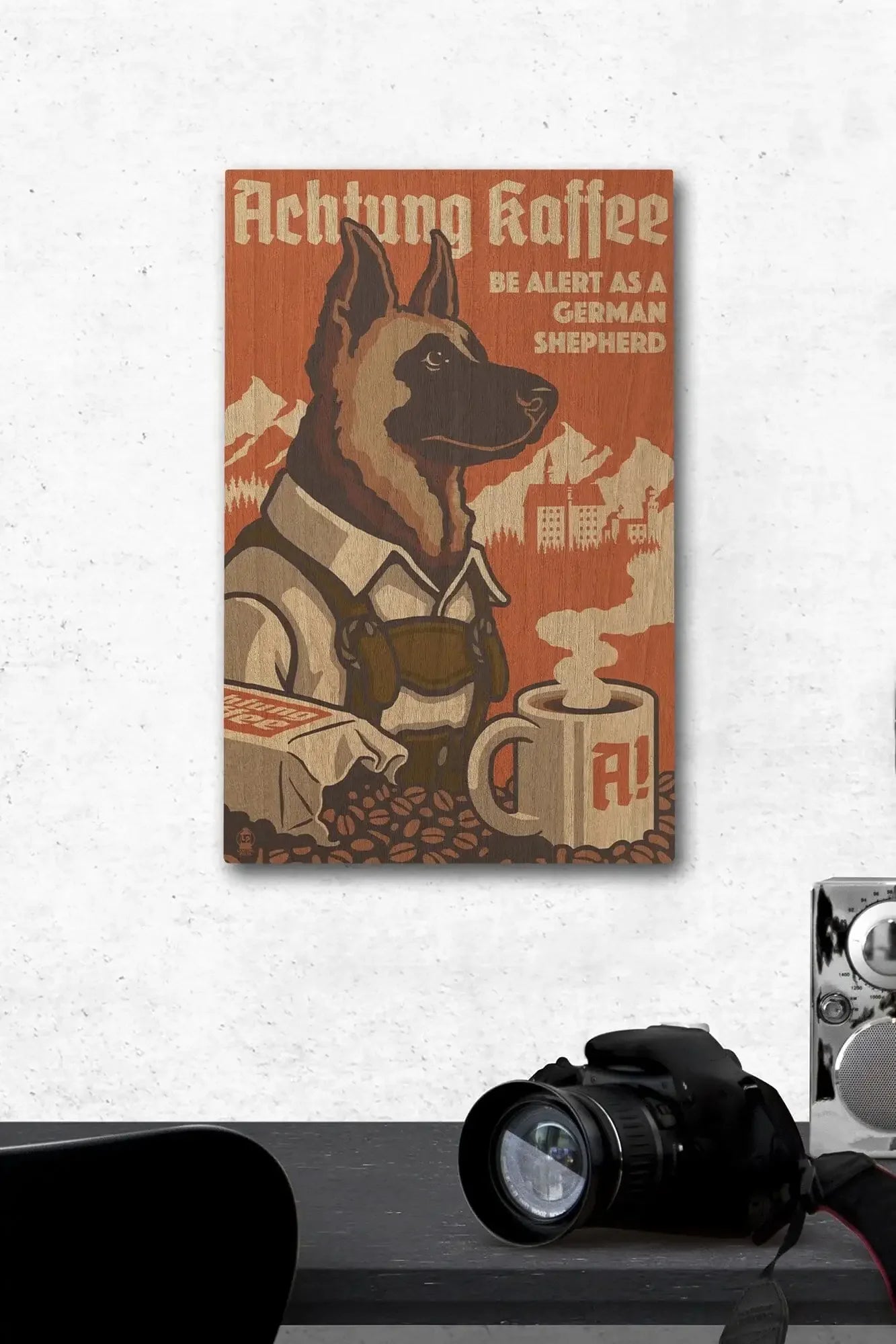German Shepherd, Retro Coffee Ad, Lantern Press Artwork, Wood Signs an