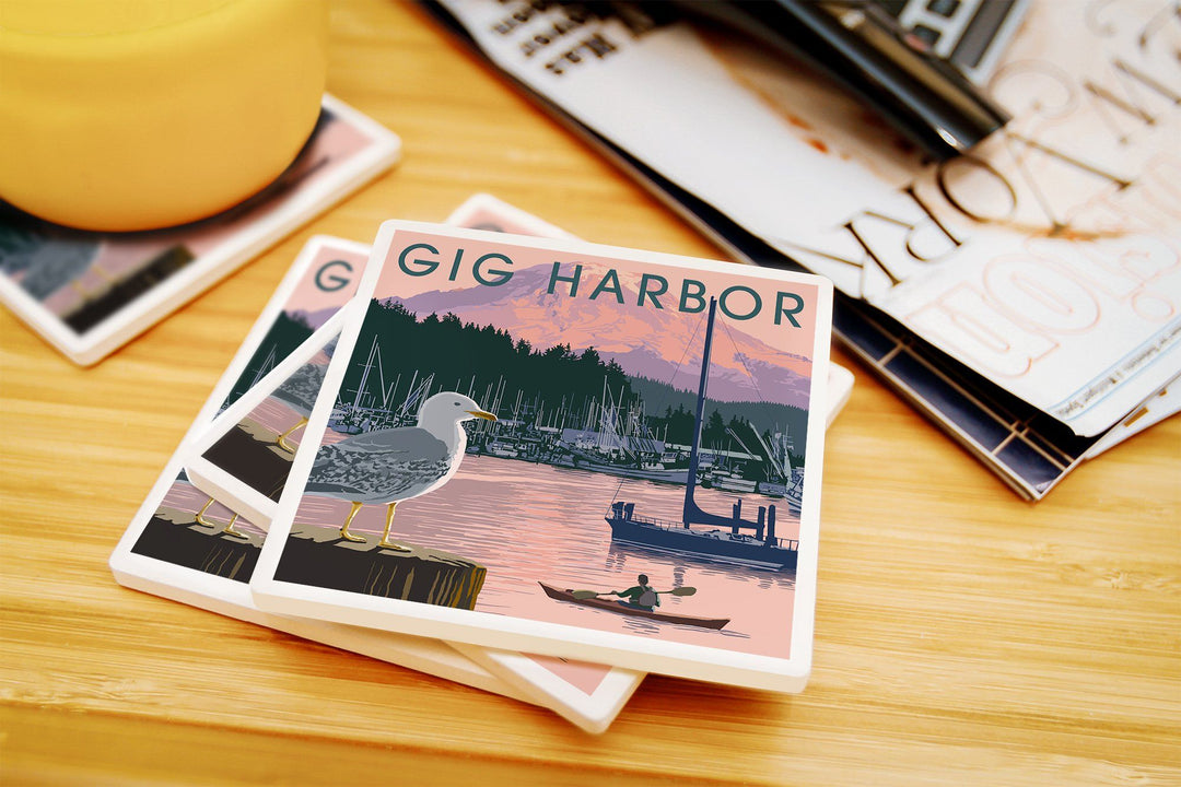 Gig Harbor, Washington, Marina and Rainier at Sunset, Lantern Press Artwork, Coaster Set Coasters Lantern Press 