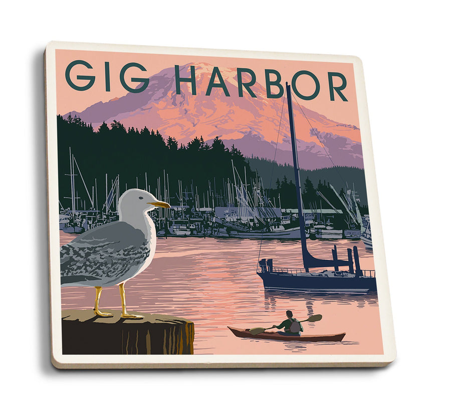 Gig Harbor, Washington, Marina and Rainier at Sunset, Lantern Press Artwork, Coaster Set Coasters Lantern Press 