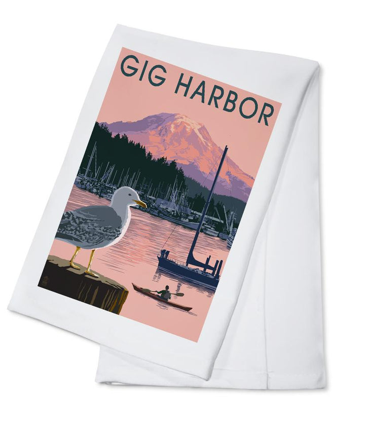 Gig Harbor, Washington, Marina and Rainier at Sunset, Lantern Press Artwork, Towels and Aprons Kitchen Lantern Press Cotton Towel 