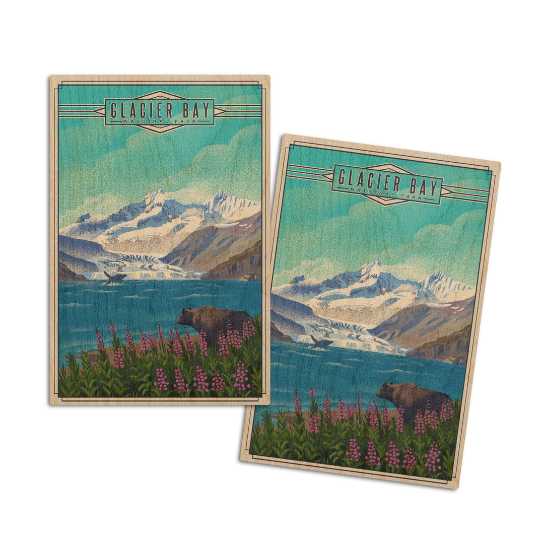 Glacier Bay National Park, Alaska, Lithograph National Park Series, Lantern Press Artwork, Wood Signs and Postcards Wood Lantern Press 4x6 Wood Postcard Set 