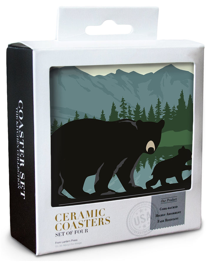Glacier National Park, Black Bear & Cub, Lantern Press Artwork, Coaster Set Coasters Lantern Press 