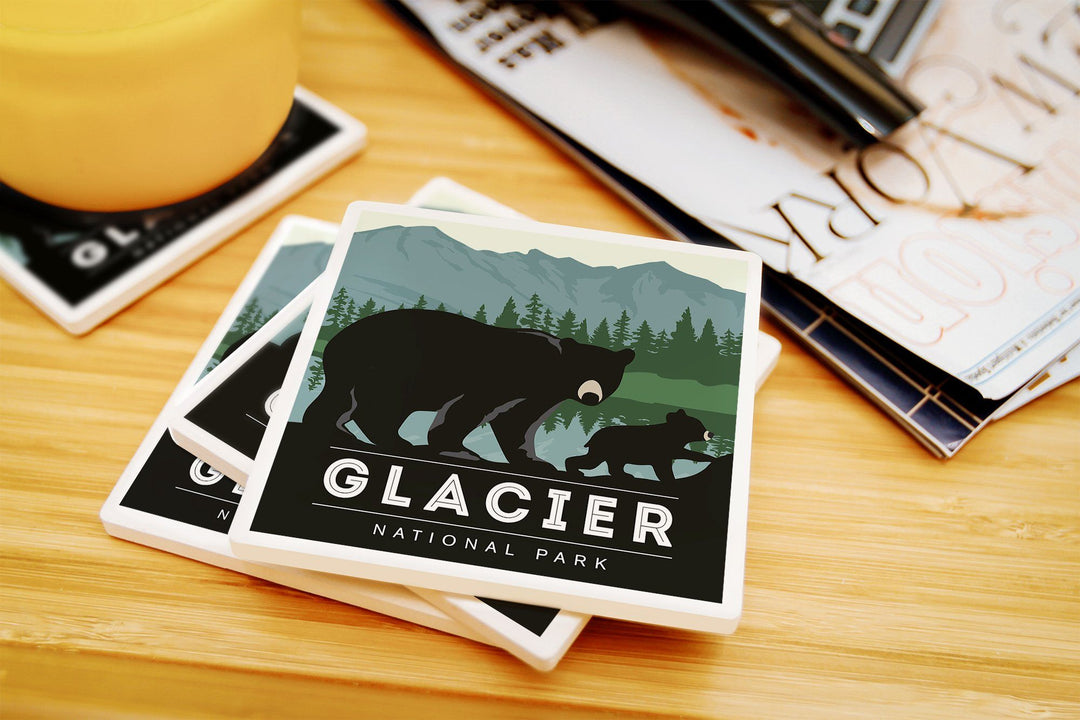Glacier National Park, Black Bear & Cub, Lantern Press Artwork, Coaster Set Coasters Lantern Press 