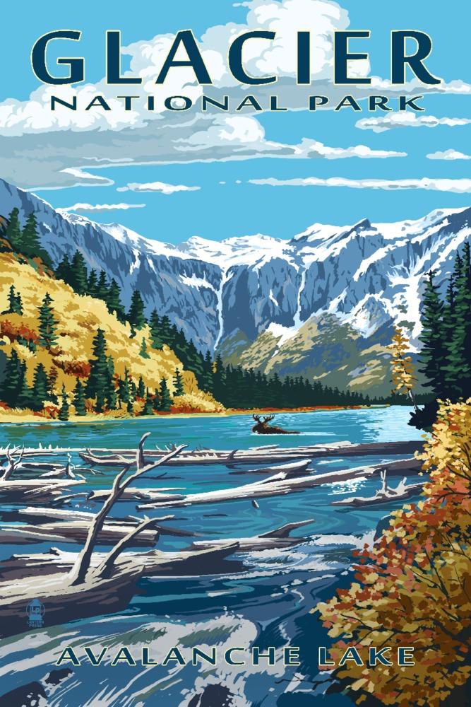 Glacier National Park, Montana, Avalanche Lake Illustration, Lantern Press Artwork, Art Prints and Metal Signs Art Lantern Press 12 x 18 Art Print 