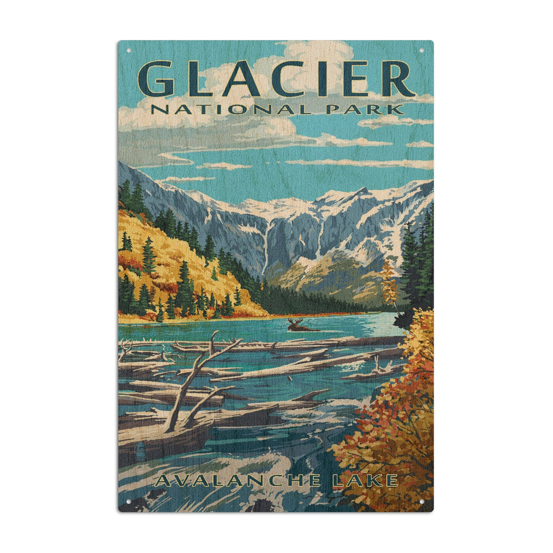 Glacier National Park, Montana, Avalanche Lake Illustration, Lantern Press Artwork, Wood Signs and Postcards Wood Lantern Press 10 x 15 Wood Sign 
