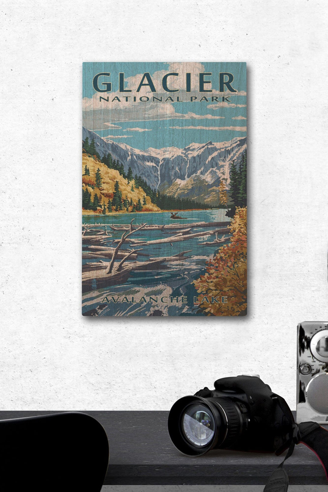 Glacier National Park, Montana, Avalanche Lake Illustration, Lantern Press Artwork, Wood Signs and Postcards Wood Lantern Press 12 x 18 Wood Gallery Print 