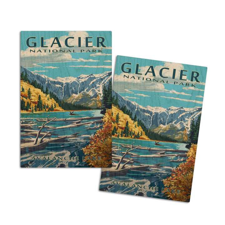 Glacier National Park, Montana, Avalanche Lake Illustration, Lantern Press Artwork, Wood Signs and Postcards Wood Lantern Press 4x6 Wood Postcard Set 