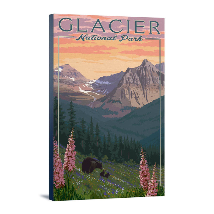 Glacier National Park, Montana, Bear and Spring Flowers, Mountains, Lantern Press Artwork, Stretched Canvas Canvas Lantern Press 