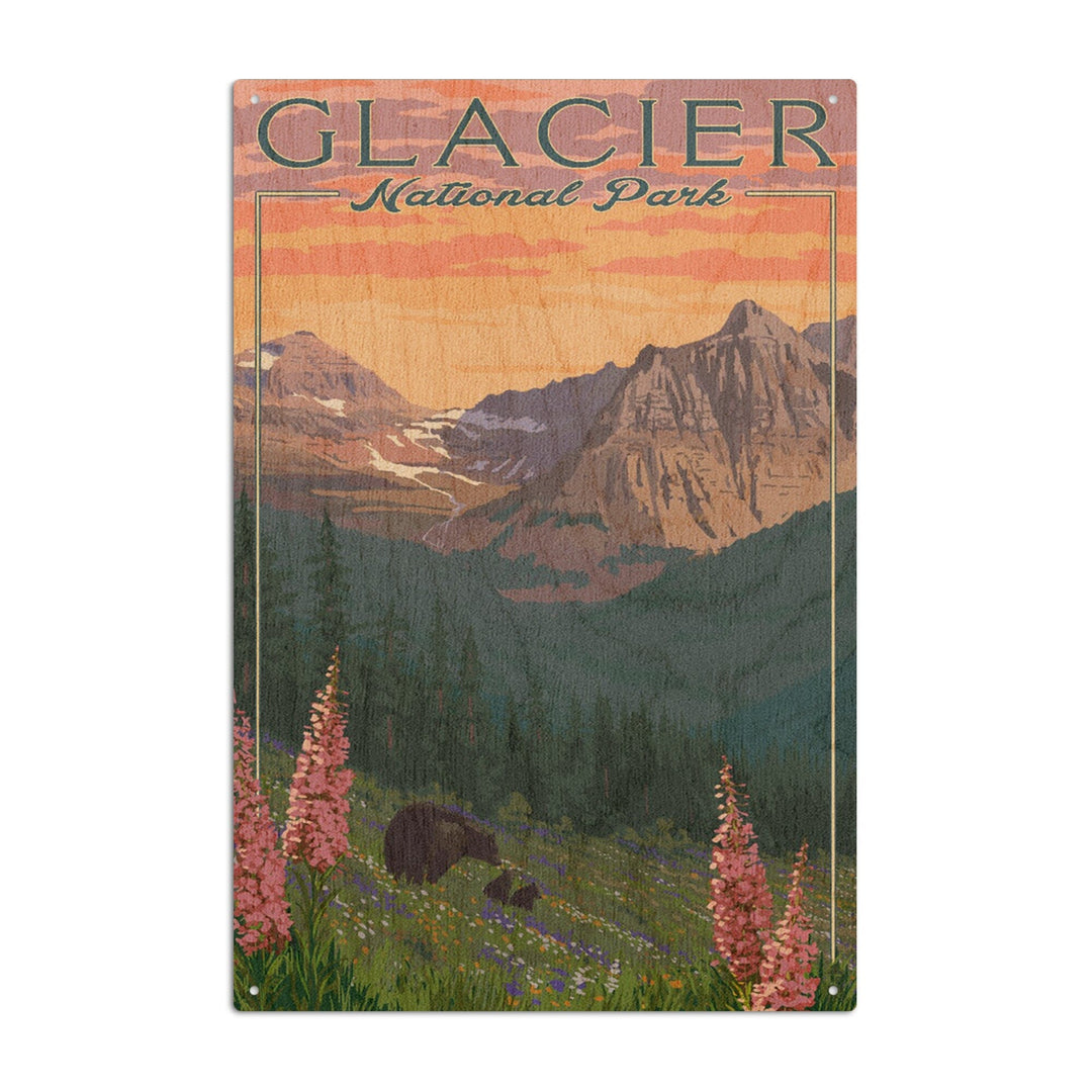 Glacier National Park, Montana, Bear and Spring Flowers, Mountains, Lantern Press Artwork, Wood Signs and Postcards Wood Lantern Press 10 x 15 Wood Sign 