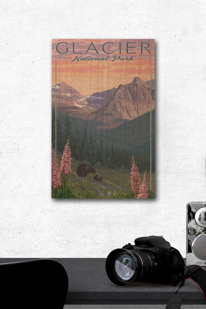 Glacier National Park, Montana, Bear and Spring Flowers, Mountains, Lantern Press Artwork, Wood Signs and Postcards Wood Lantern Press 12 x 18 Wood Gallery Print 