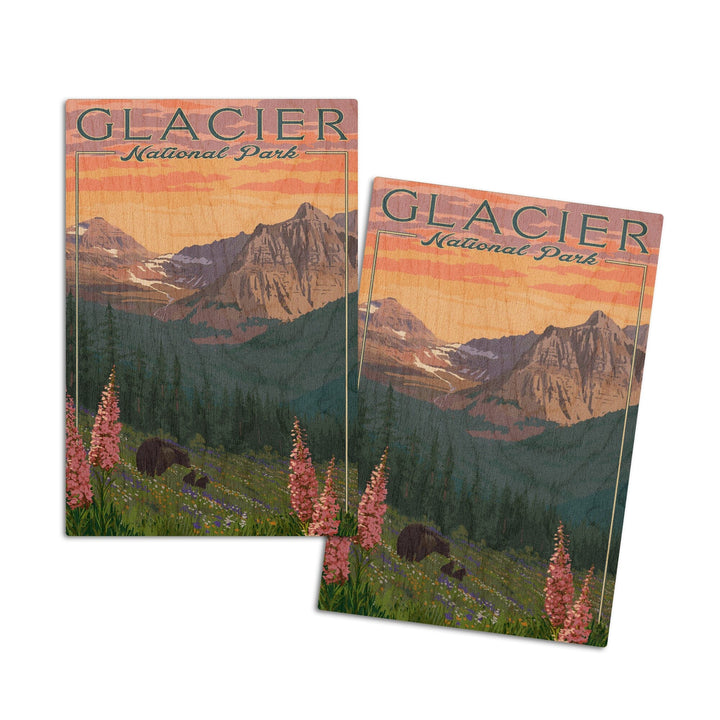 Glacier National Park, Montana, Bear and Spring Flowers, Mountains, Lantern Press Artwork, Wood Signs and Postcards Wood Lantern Press 4x6 Wood Postcard Set 