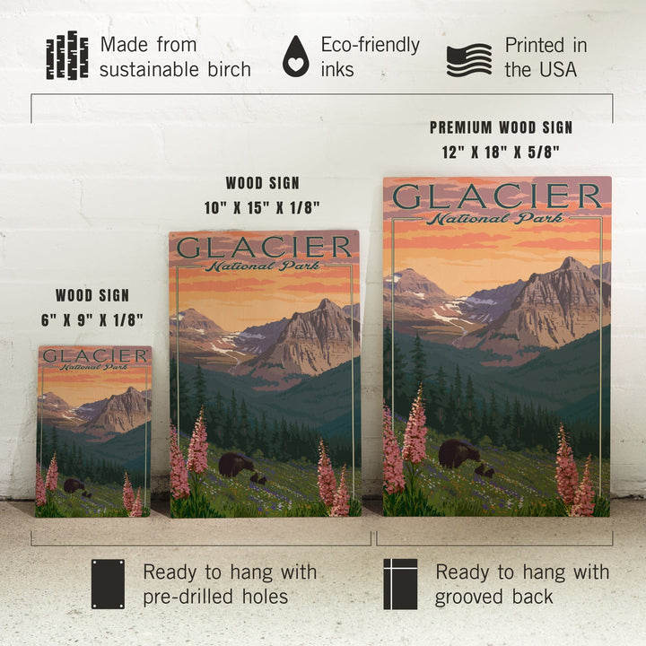 Glacier National Park, Montana, Bear and Spring Flowers, Mountains, Lantern Press Artwork, Wood Signs and Postcards Wood Lantern Press 