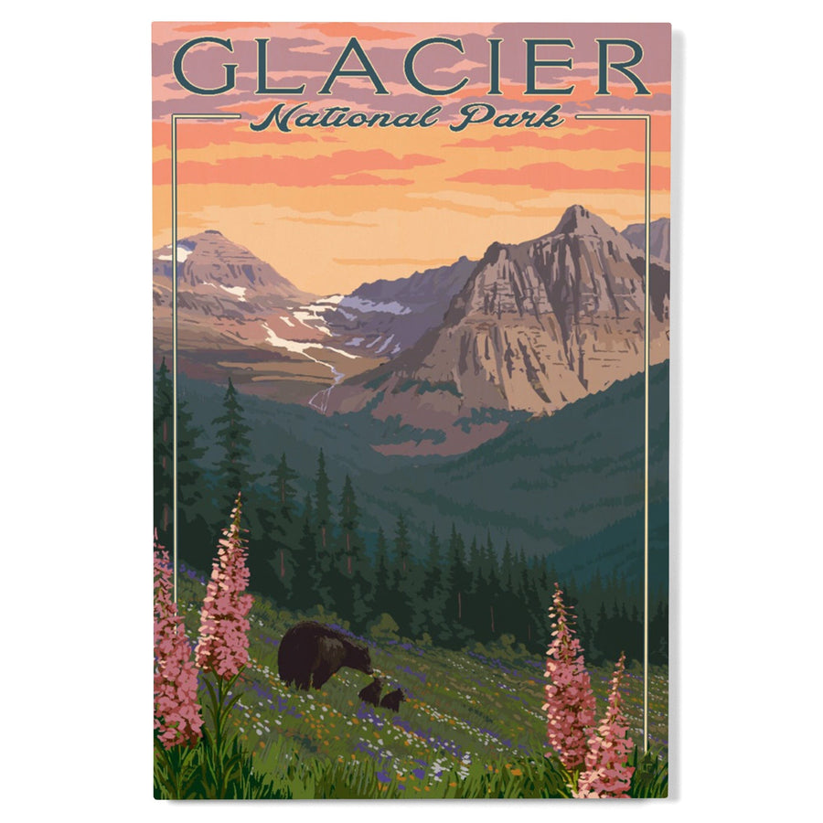 Glacier National Park, Montana, Bear and Spring Flowers, Mountains, Lantern Press Artwork, Wood Signs and Postcards Wood Lantern Press 