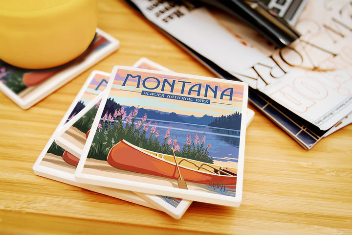 Glacier National Park, Montana, Canoe & Lake, Lantern Press Artwork, Coaster Set Coasters Lantern Press 