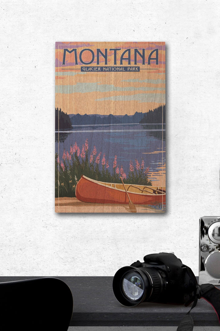 Glacier National Park, Montana, Canoe & Lake, Lantern Press Artwork, Wood Signs and Postcards Wood Lantern Press 12 x 18 Wood Gallery Print 