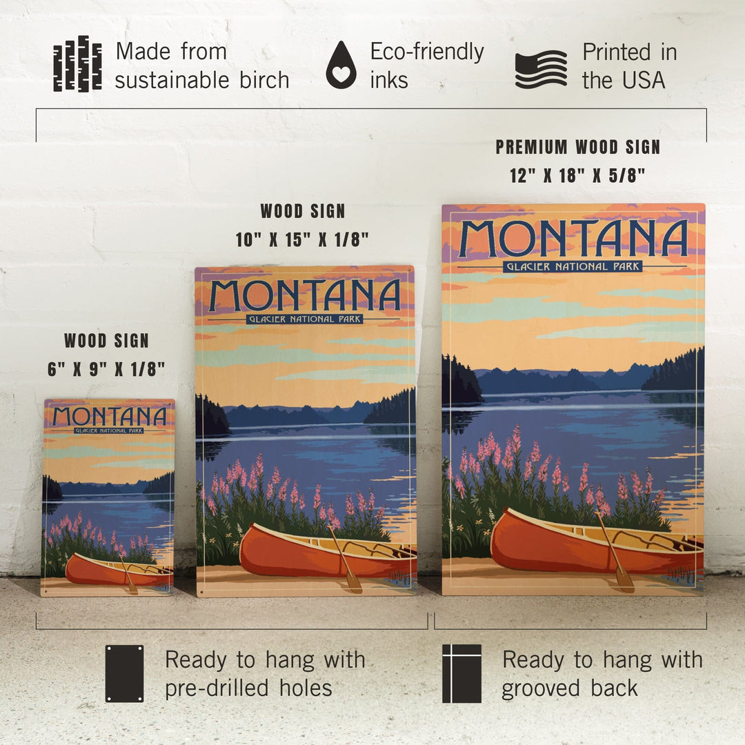 Glacier National Park, Montana, Canoe & Lake, Lantern Press Artwork, Wood Signs and Postcards Wood Lantern Press 
